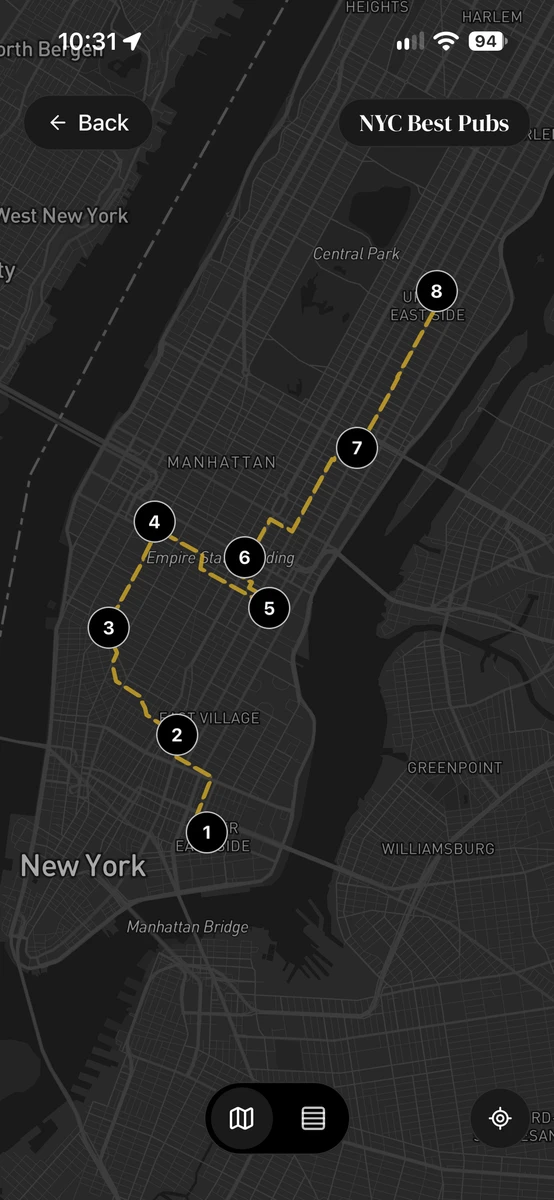 An eight-stop New York barhop with a walking route between numbered stops