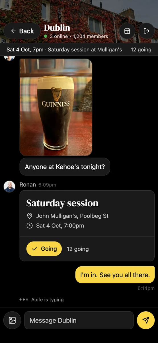 The Dublin group chat with a pint photo, a meetup card and someone typing