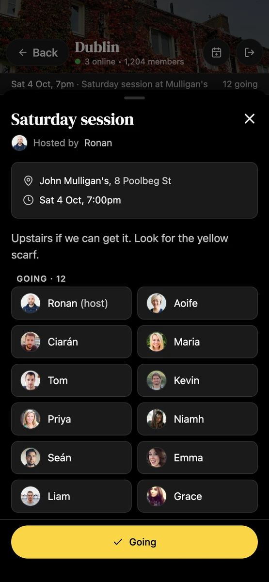A Dublin meetup at John Mulligan's with the list of members going