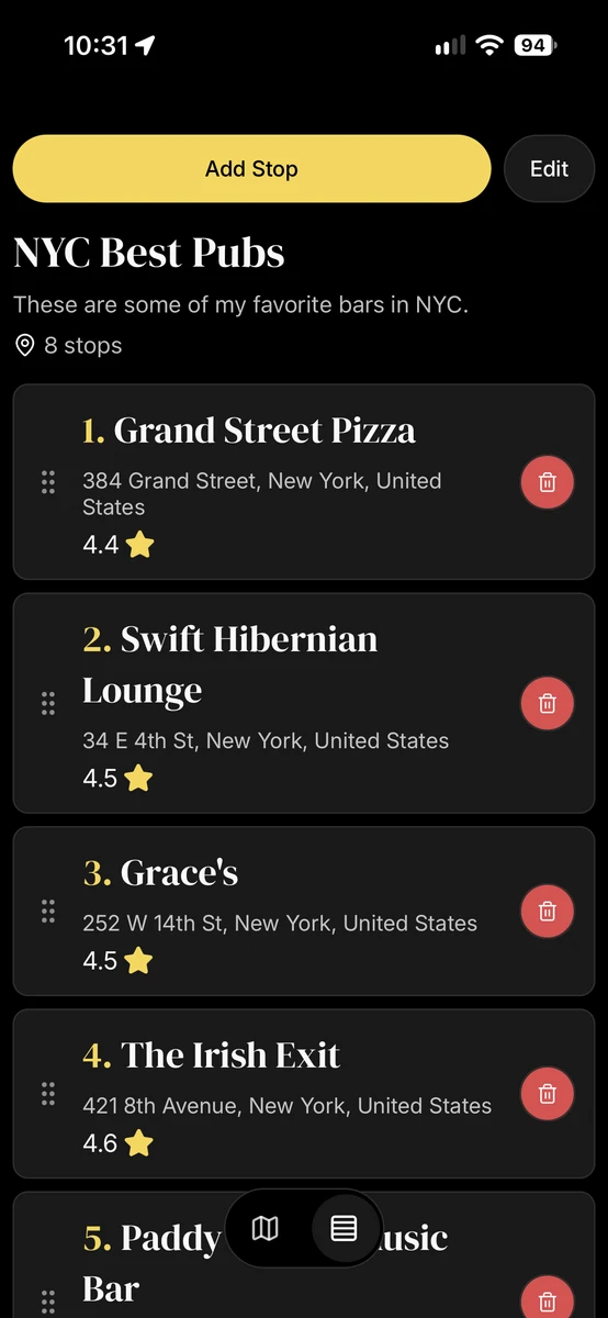 The stops list for a New York barhop, with Add Stop and Edit buttons