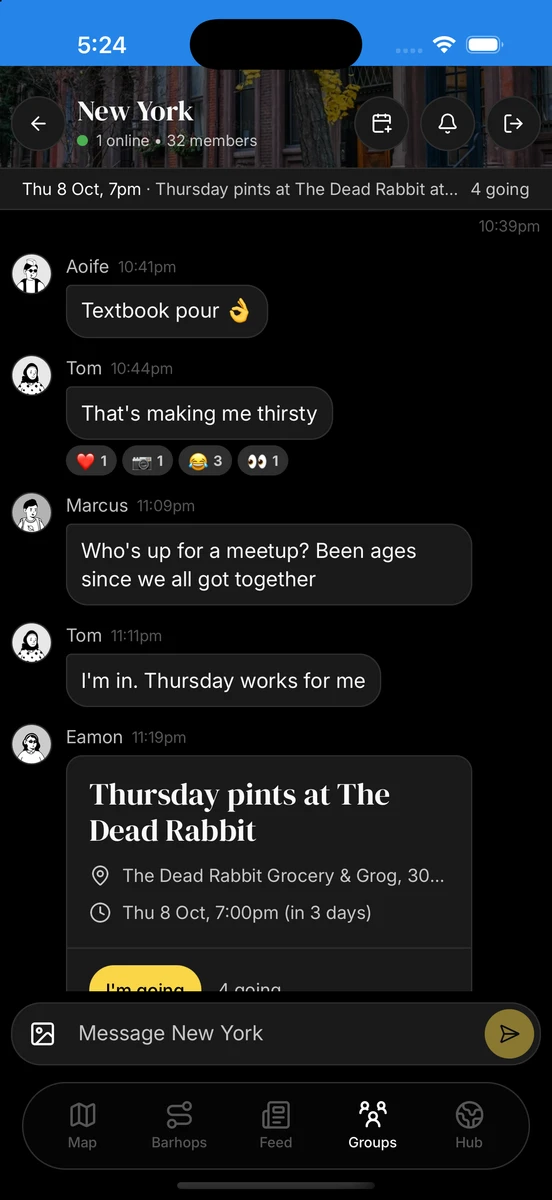 Emoji reactions under a message in the New York group chat