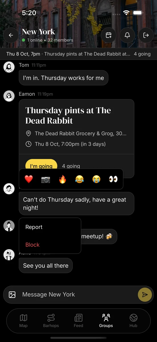 The message menu with the reaction bar above and Report and Block options below