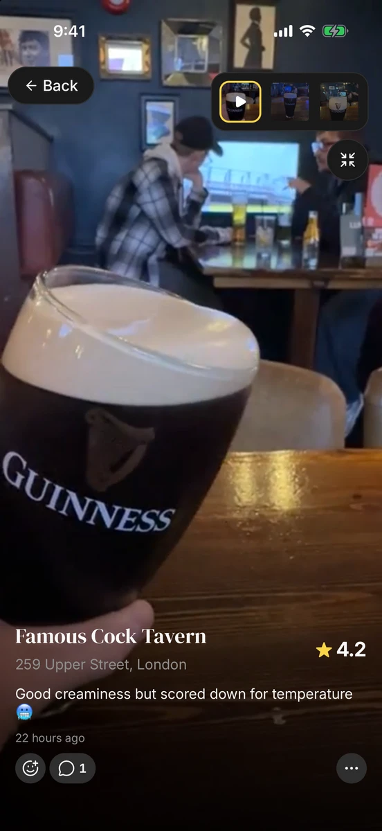 A video review of the Famous Cock Tavern in London, with its photos to swipe through